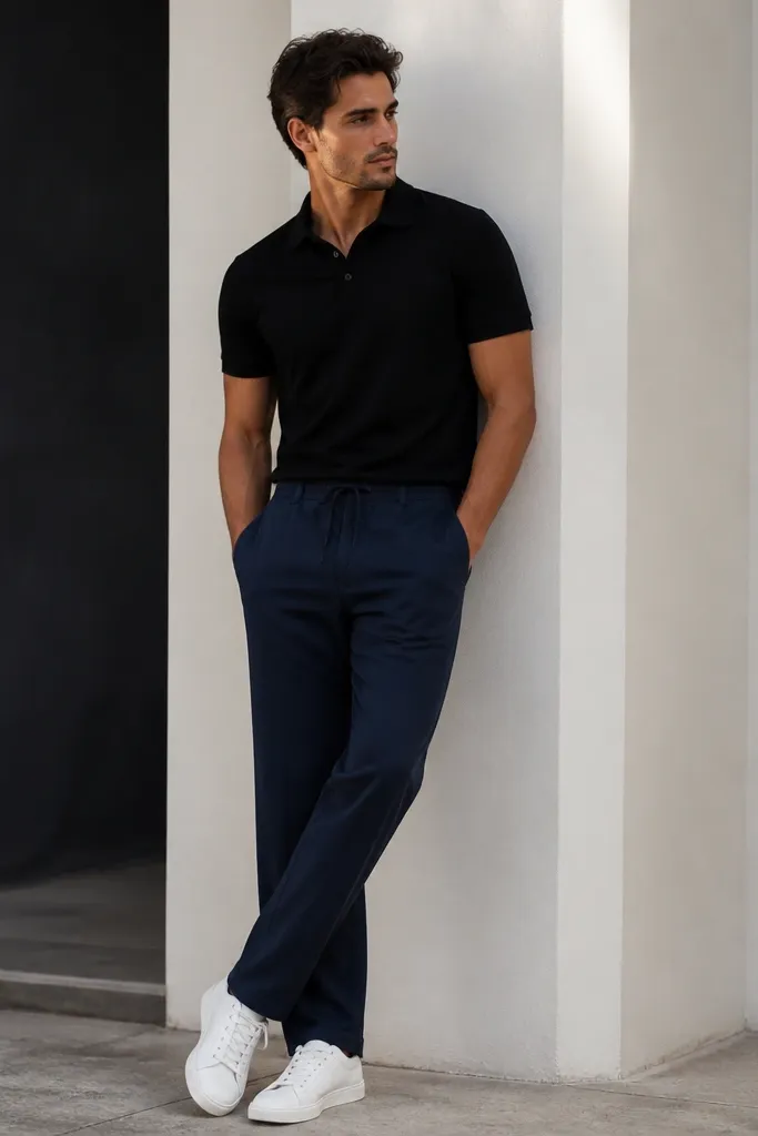 Navy linen pants paired with a black polo shirt and white sneakers. The photo shows a bold contrast and clean lines.