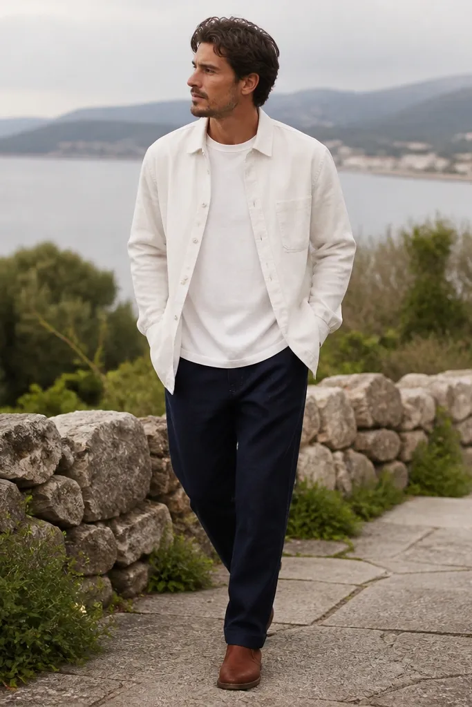 Navy linen pants paired with a white light twill shirt jacket worn open over a plain tee, plus brown leather boots. The photo shows a transitional weather look.