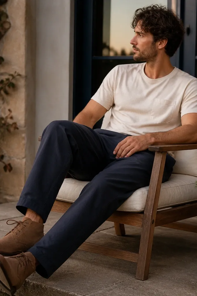 Navy linen pants paired with a cream t-shirt and tan suede chukka boots. The photo shows a casual fall-leaning evening vibe.
