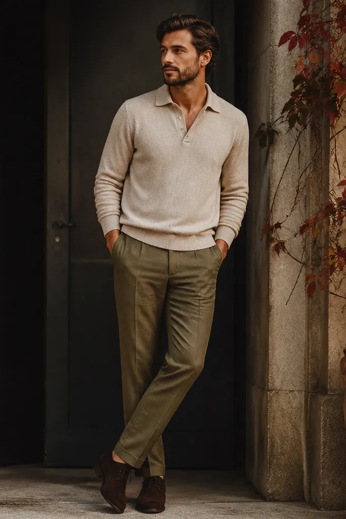 Olive linen trousers with a tapered leg, an oatmeal knit polo with two buttons undone, and chocolate suede derbies. The look has warm fall colors with a soft knit texture.
