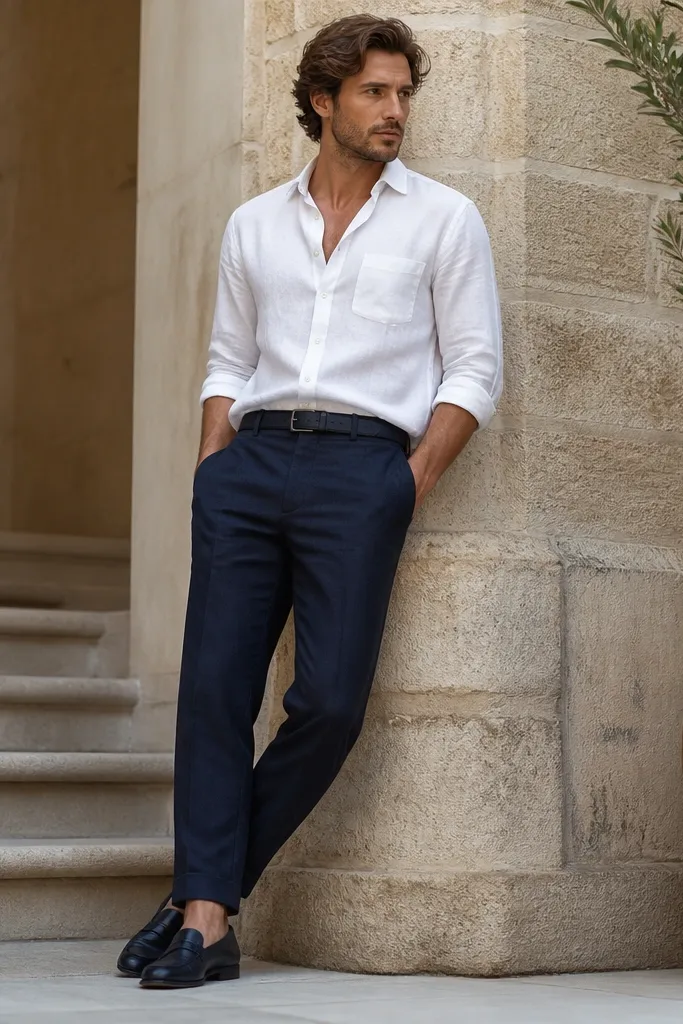 Navy linen trousers paired with a white linen button-down worn half-tucked, navy leather loafers, and a matching dark navy leather belt. The shirt sleeves are slightly rolled for a casual polish.