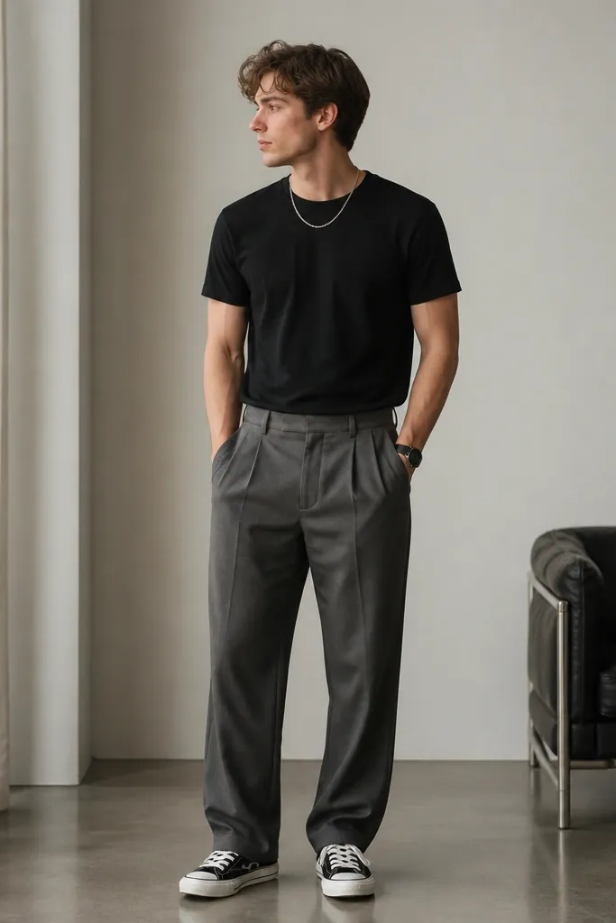 Charcoal linen trousers with a relaxed fit, a black crewneck tee tucked in, and black-and-white sneakers. A black watch and simple chain sit at the waist and neckline.