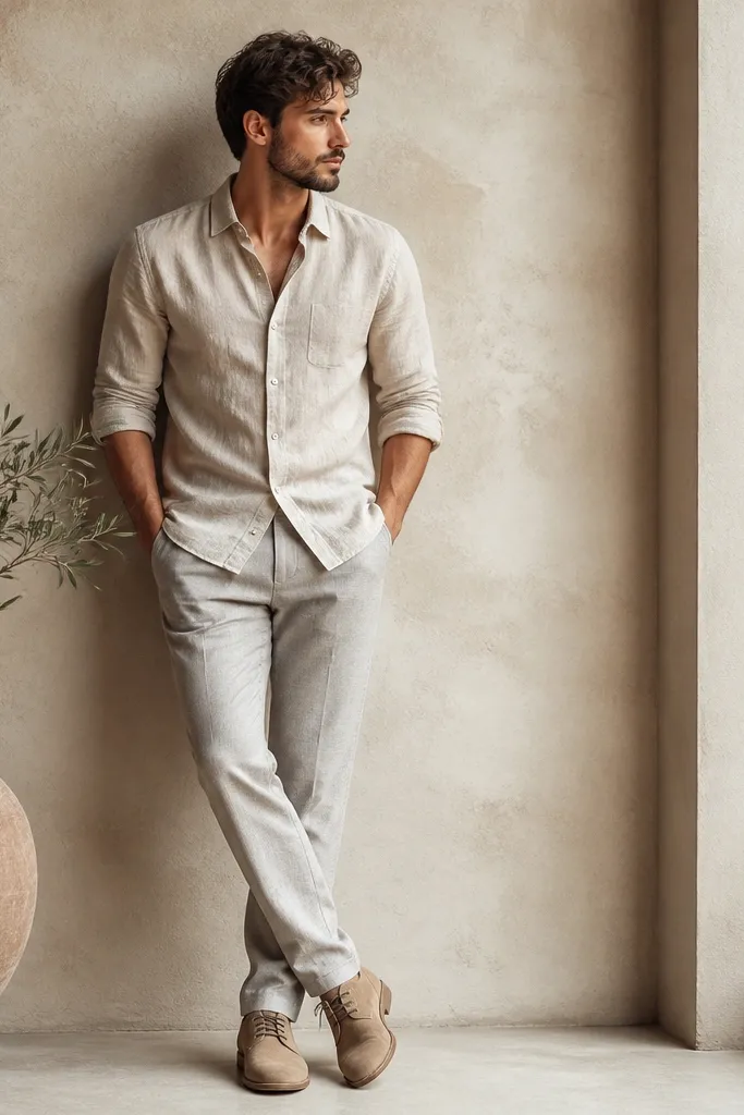 Light gray linen trousers, a heather oatmeal button-down shirt worn untucked, and tan leather desert boots. The outfit has a soft, muted palette with subtle texture contrast.