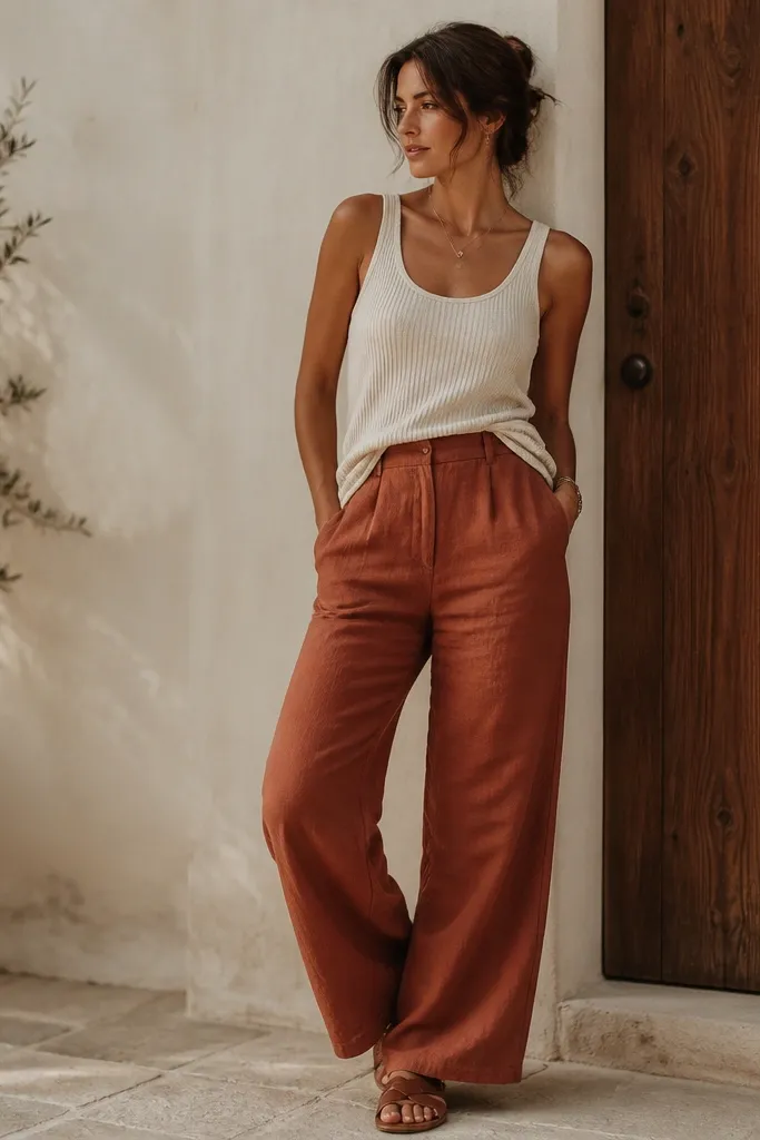 Rust-colored linen trousers paired with a cream ribbed tank top tucked at the front, plus cognac leather sandals. The look is warm-toned and relaxed.