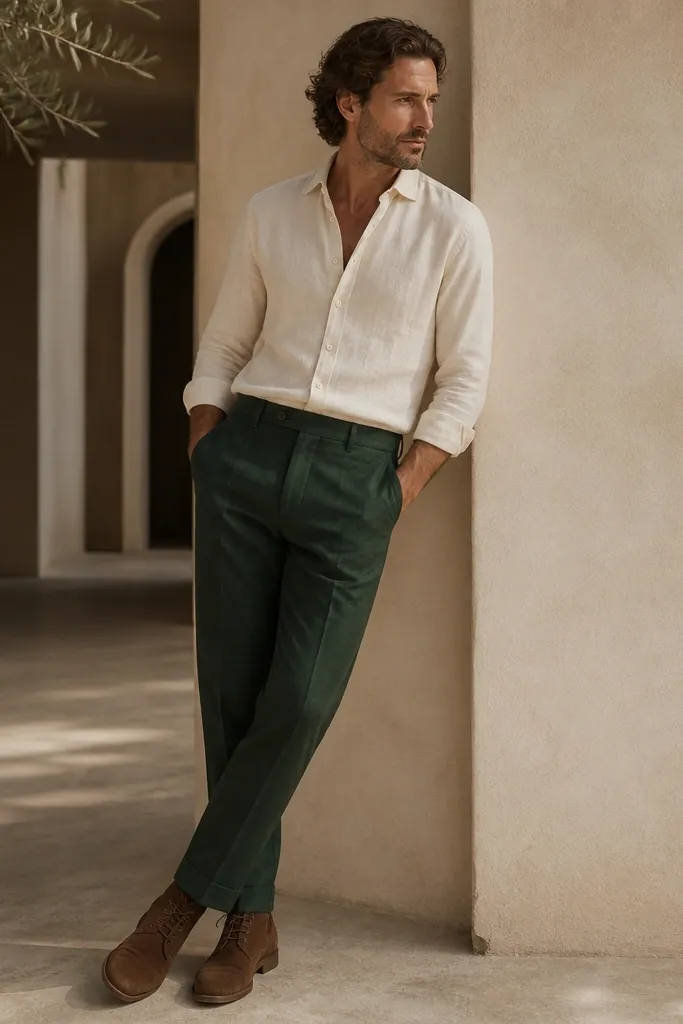 Forest green linen trousers with a tapered leg, a cream button-down shirt worn with the top button open, and brown suede chukka boots. The outfit looks warm and slightly dressy.
