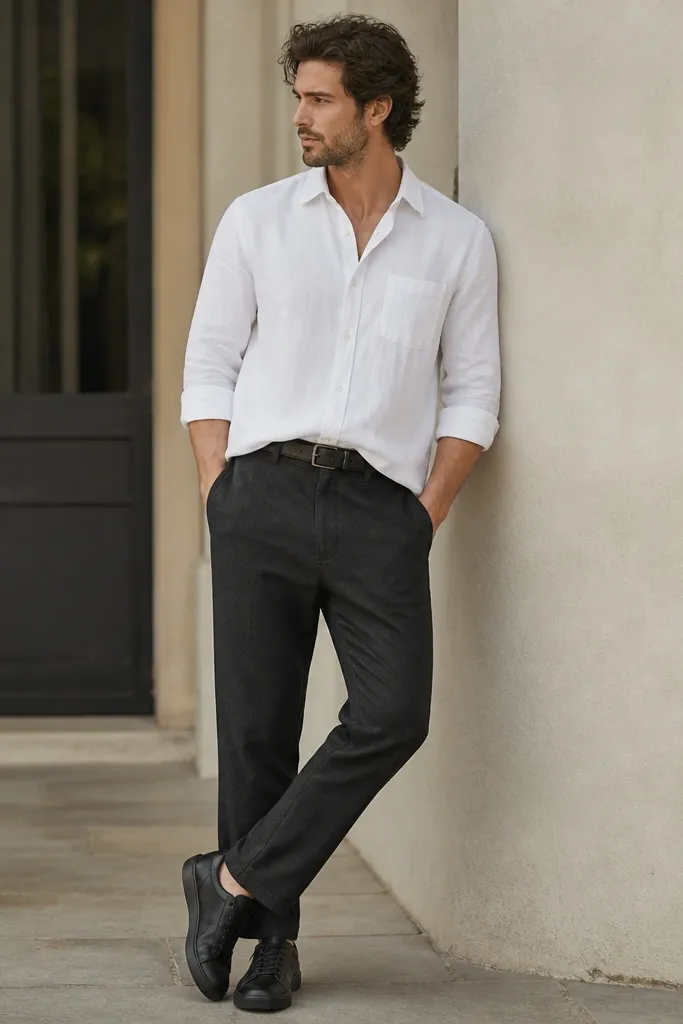 Black linen trousers with a straight leg, a white Oxford shirt rolled at the sleeves, and black leather sneakers. The shirt is half-tucked and the belt is black leather.