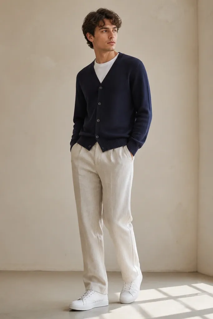 Cream linen trousers with a relaxed fit, a navy knit cardigan buttoned, a white tee underneath, and white sneakers. The cardigan sleeves are down and the hem looks clean.