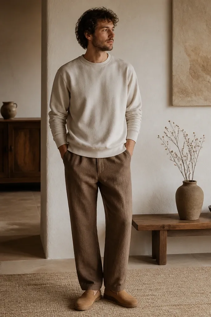 Mocha-brown linen trousers, an oatmeal crew sweatshirt worn untucked, and tan suede slip-on shoes. The outfit feels warm and casual with a soft color palette.