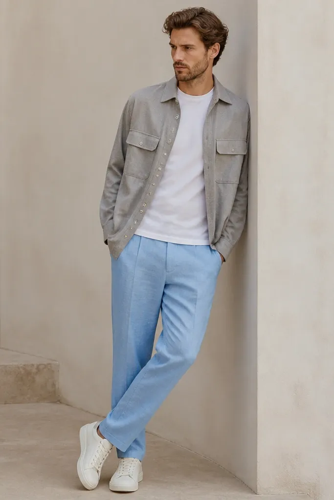 Sky blue linen trousers, a plain white t-shirt, a light gray overshirt worn open, and canvas sneakers in off-white. The overshirt has flap pockets.