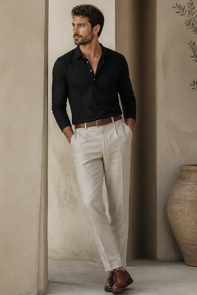 Stone linen trousers, a black long-sleeve henley with a few buttons undone, and brown leather lace-up shoes. The belt is brown and the henley is tucked neatly.