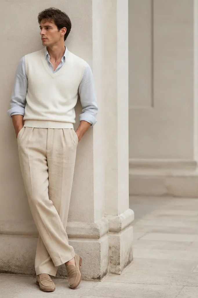 Sand linen trousers paired with a white sweater vest over a light shirt, worn with loafers. The vest has a clean V and the shirt collar peeks out.