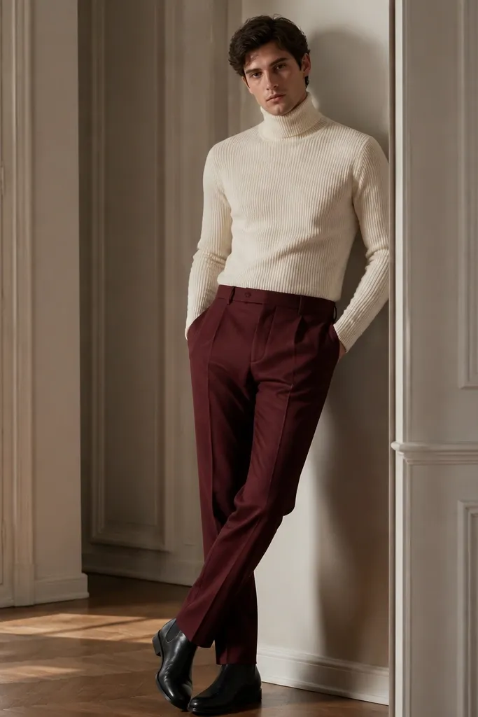 Burgundy linen trousers, a cream knit turtleneck, and black leather boots. The turtleneck is fitted and the pants are tailored with a straight leg.