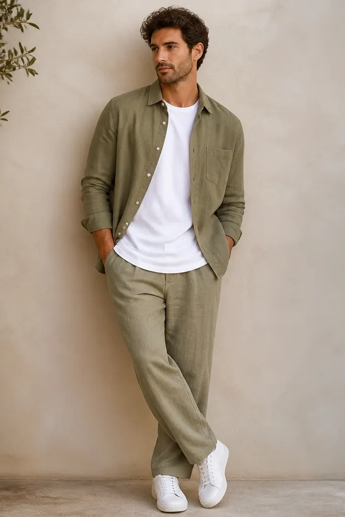 Light olive linen trousers with a relaxed fit, a white longline tee, an olive overshirt worn open, and white sneakers. The overshirt has a casual collar and visible buttons.