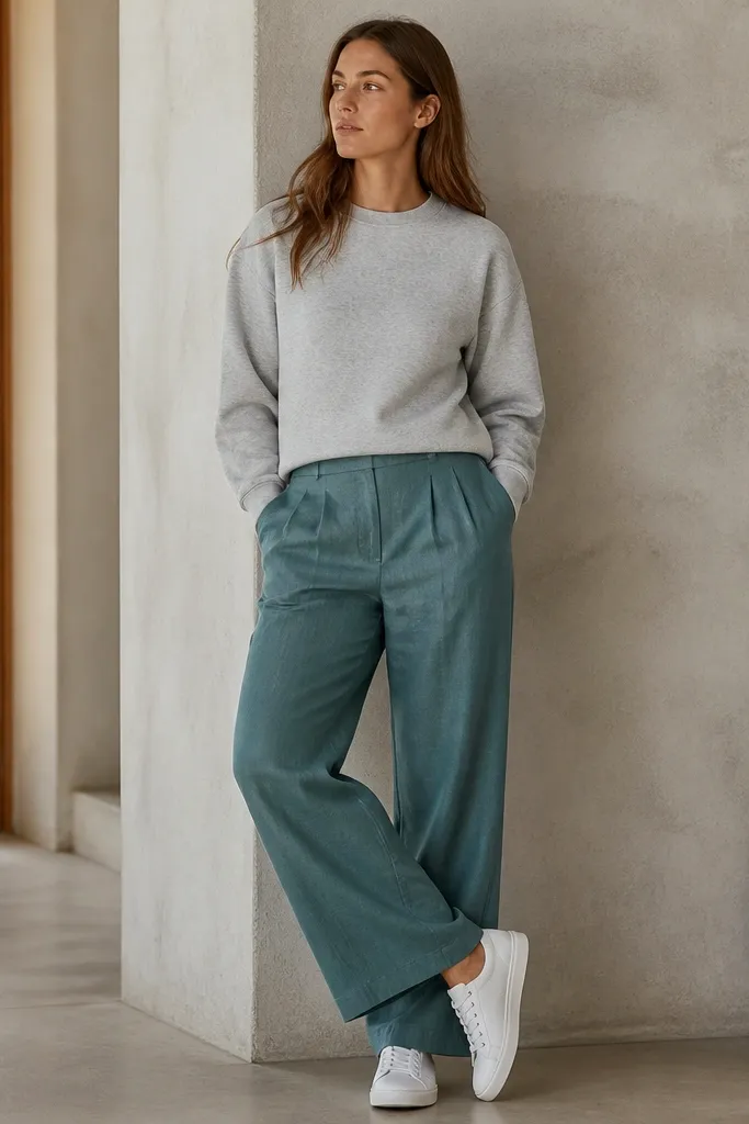 Teal linen trousers paired with a heather gray crewneck sweatshirt and white low-top sneakers. The outfit has a sporty-cozy feel with a clean waistline.