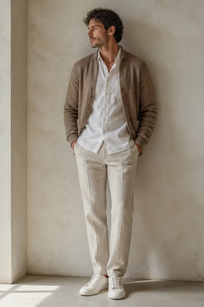 Cream linen trousers with a straight leg, a light brown cardigan jacket worn open, a white button-up shirt underneath, and leather sneakers in off-white. The outfit looks warm and layered.