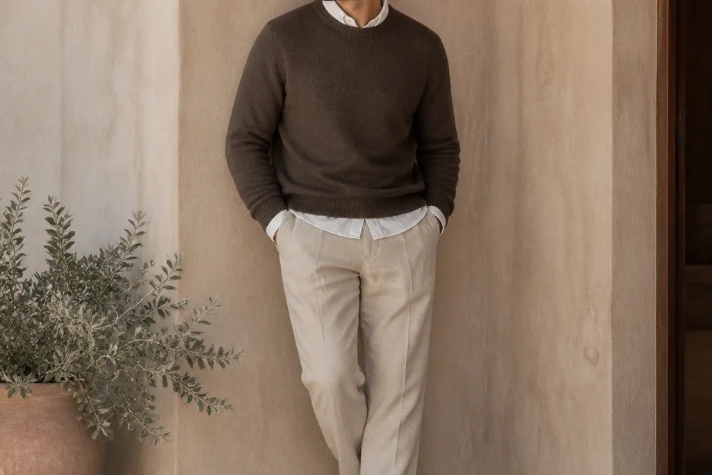 Cozy linen pants outfit men for cooler days