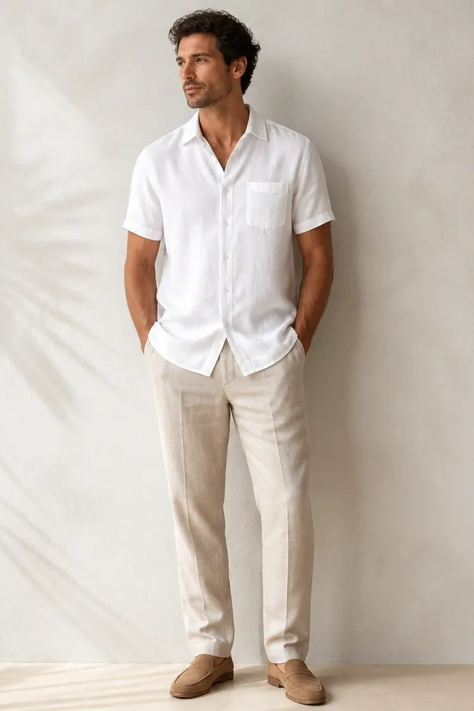 A man stands in front of a light wall wearing cream linen pants with a white short-sleeve button-up. Tan suede loafers show a low profile and a clean toe line. The shirt is untucked with a slight drape at the waist.