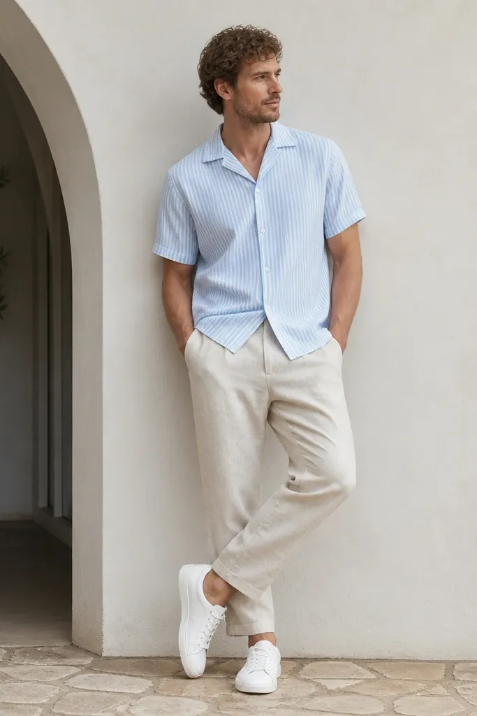 Cream linen pants paired with a light blue and white striped short-sleeve camp shirt with a relaxed collar. Clean low-top white leather sneakers and no show socks are visible.
