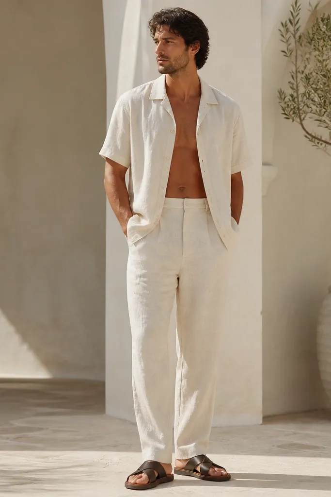 Cream linen pants with an ecru short-sleeve overshirt worn open. Dark brown leather sandals with a firm sole are visible. The outfit looks airy and summery.