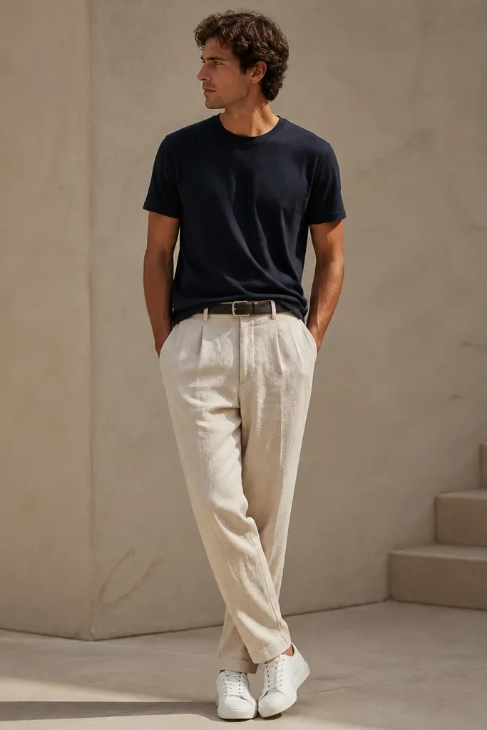 Cream linen pants with a navy crewneck t-shirt and white low-top sneakers. The tee is tucked slightly in the front, and a simple dark belt is visible.