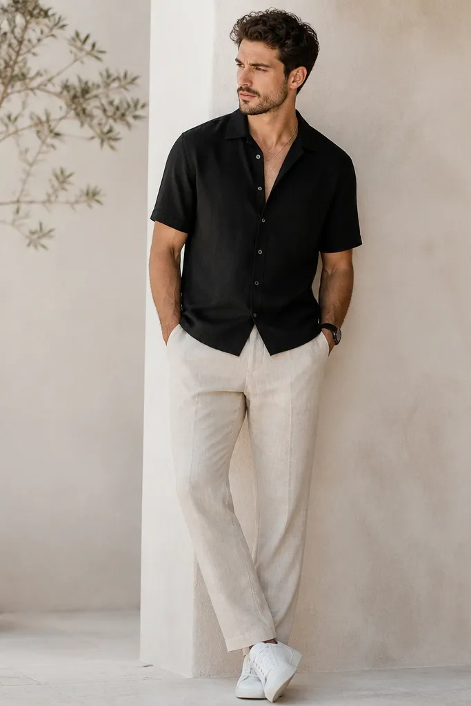 Cream linen pants with a black short-sleeve camp shirt worn open at the neck. White sneakers and a simple black watch are visible.