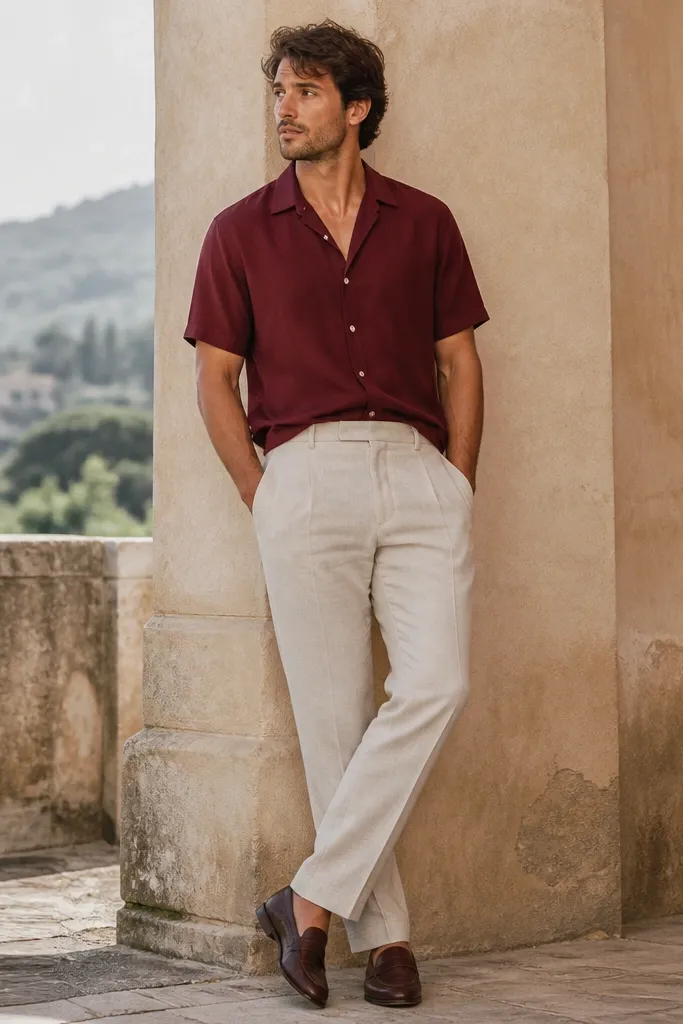 Cream linen pants paired with a burgundy short-sleeve button-up. Chocolate brown loafers are visible, and the shirt is tucked in at the front.