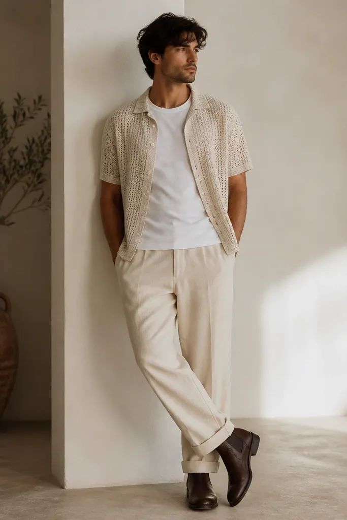 Cream linen pants with a plain white t-shirt under an oatmeal open-knit short overshirt. Espresso leather boots are visible, with a slightly cuffed pant hem.