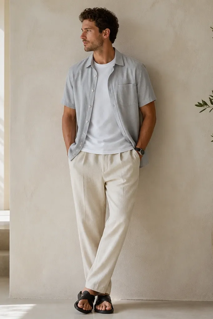 Cream linen pants with a light grey short-sleeve overshirt worn open over a white tee. Black leather sandals and a watch are shown.