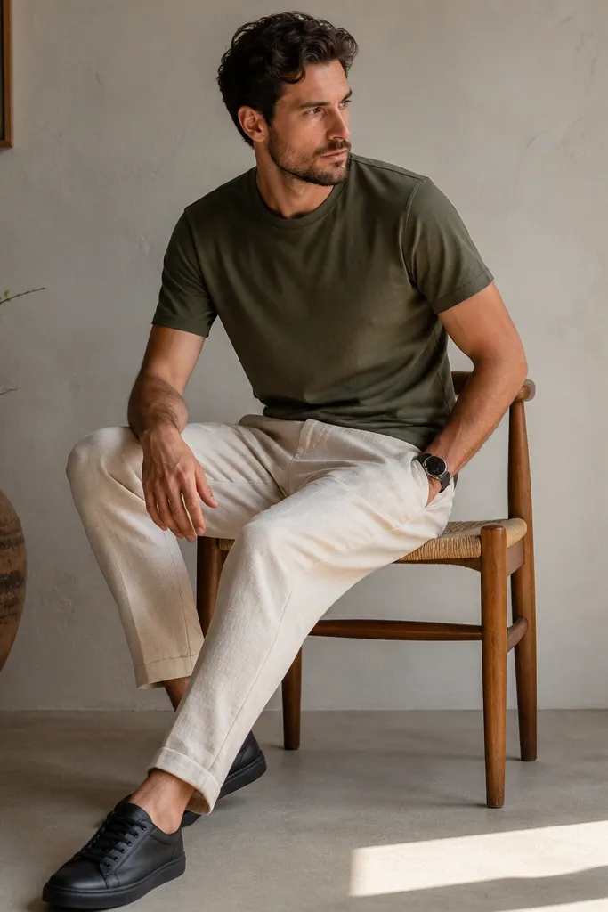 Cream linen pants paired with an olive green crewneck t-shirt. Minimal black leather sneakers and a black watch are visible.