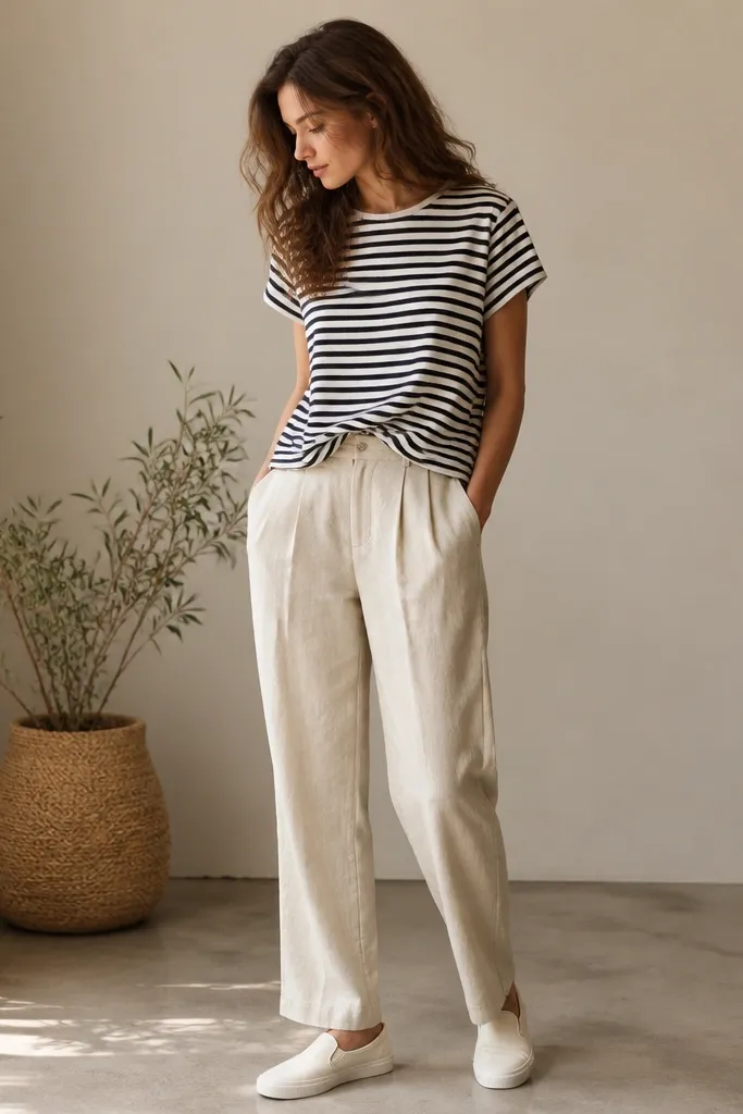 Cream linen pants paired with a black-and-white horizontal stripe t-shirt tucked at the front. Canvas slip-on shoes in off-white are visible.