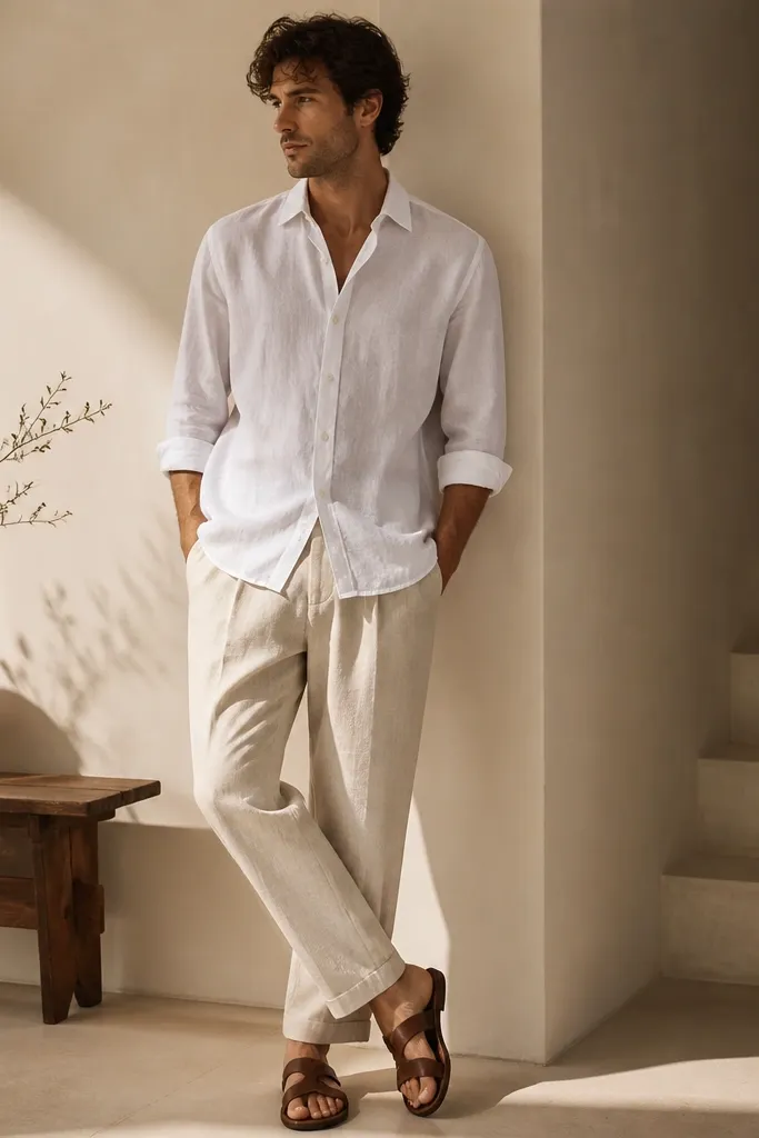 For renters cream linen pants outfit men