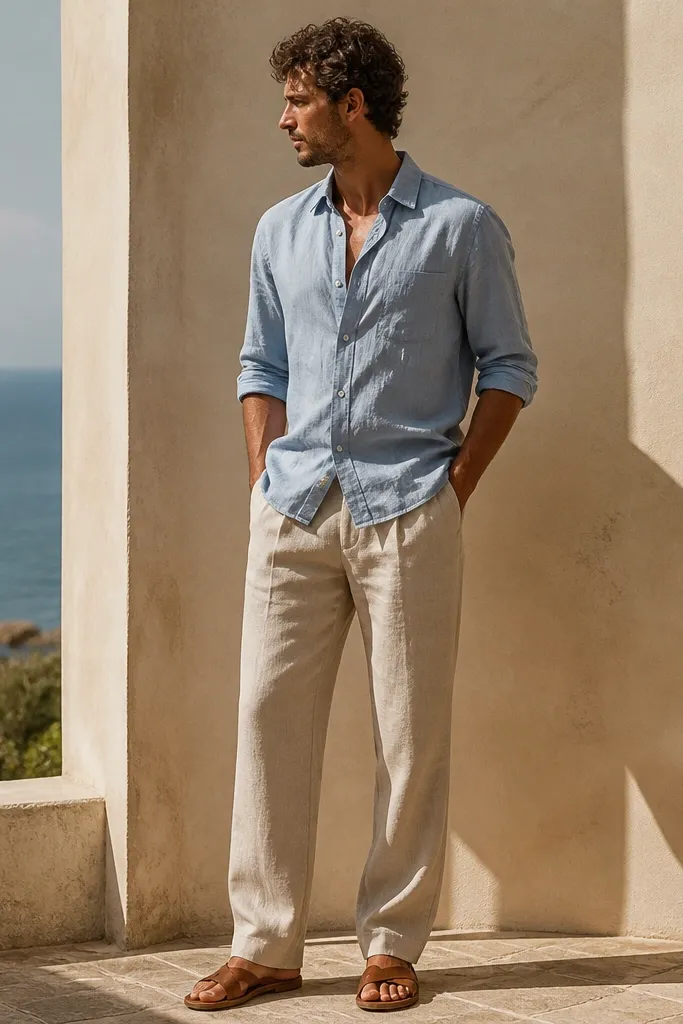 Stone linen pants with a light blue chambray button-down shirt worn slightly open at the top, sleeves rolled, and light brown leather sandals. The pants fall straight with visible linen texture.
