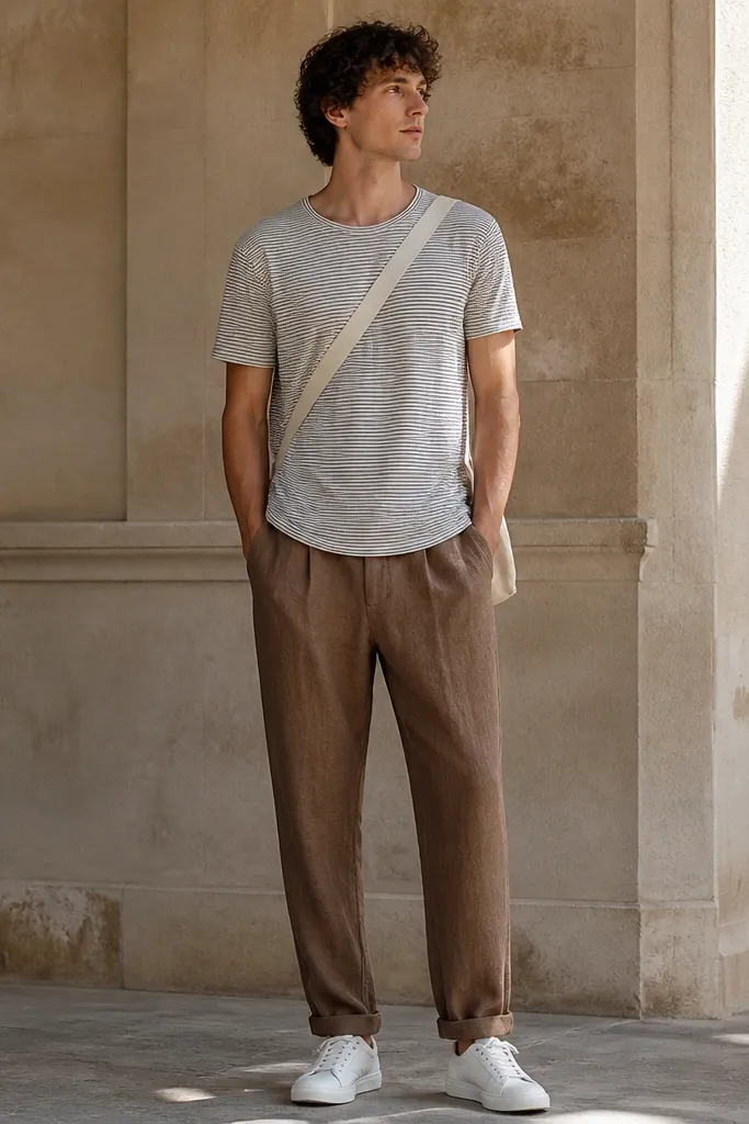 Tobacco-brown linen pants paired with a narrow stripe linen-cotton T-shirt, worn untucked, and clean white low-top sneakers. A canvas crossbody bag strap runs diagonally.