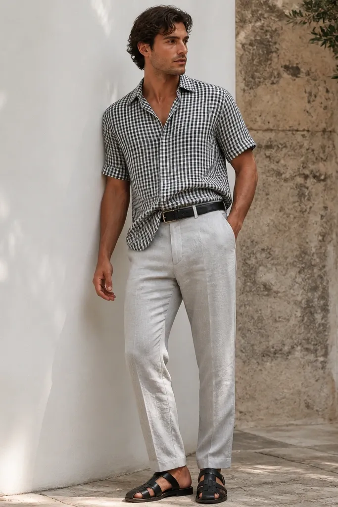 Light gray linen pants with a black-and-white gingham short-sleeve shirt worn half-tucked, black belt, and black leather sandals. Linen texture shows through at the thighs.