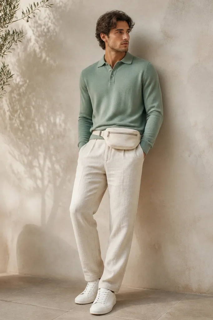 Cream linen pants paired with a sage green knit polo, sleeves down, and white sneakers. A cream canvas belt bag sits at the waist; pants show natural folds.