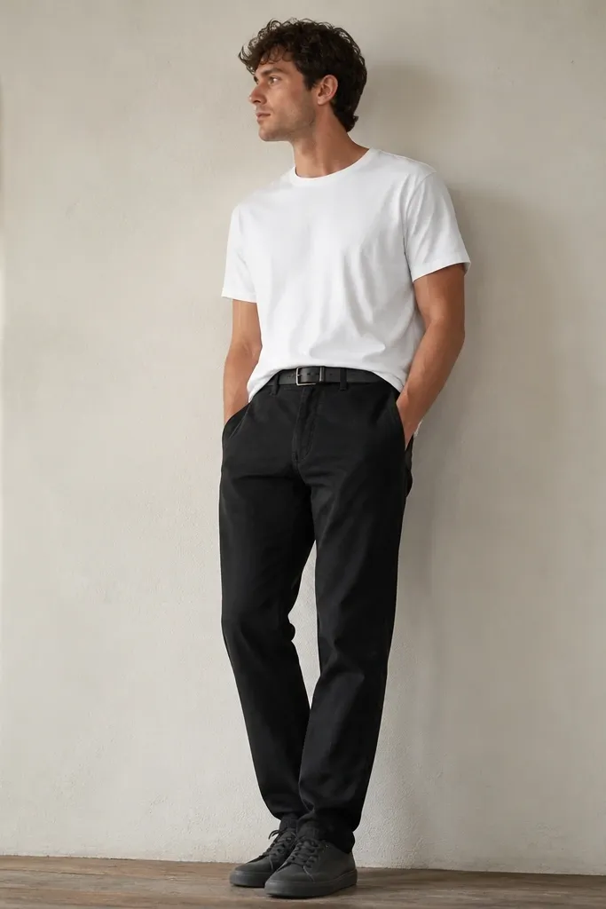 Black linen pants with a white crewneck T-shirt, tucked in at the front, and dark gray low-profile sneakers. Black belt with matte hardware; pants look slightly wrinkled at the knees.