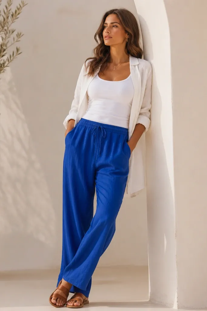 Royal blue linen pants worn with a white tank top and an open lightweight linen shirt in off-white. Tan leather sandals complete the look; shirt hangs loose over the shoulders.