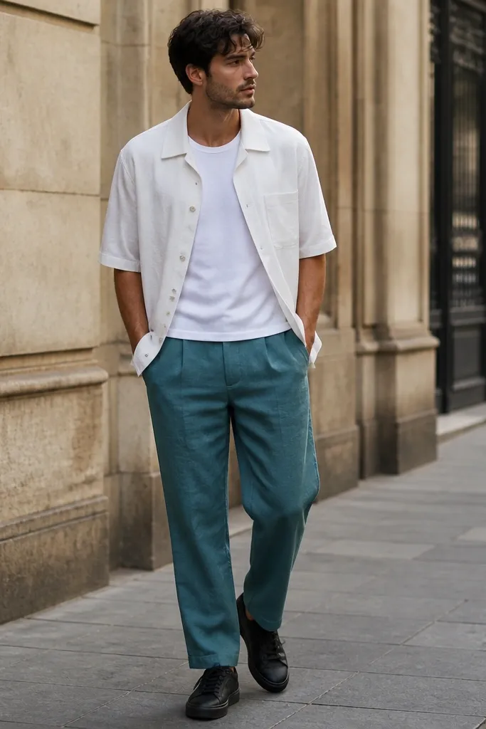 Teal linen pants paired with a white short shirt jacket (lightweight, structured), worn with a plain white tee underneath, and black sneakers. Outfit is styled for a casual city street.