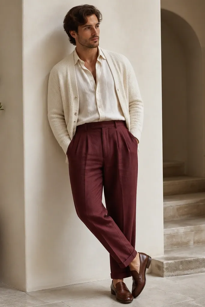 Burgundy linen pants paired with a cream knit cardigan over a light shirt, plus brown leather loafers. Cardigan buttons are left open; pants show soft linen folds.