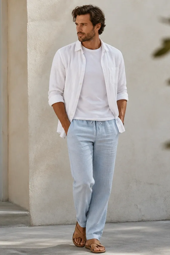 Light blue linen pants with a white long-sleeve linen shirt worn open over a white tee, and tan leather sandals. Shirt sleeves are rolled to mid-forearm.