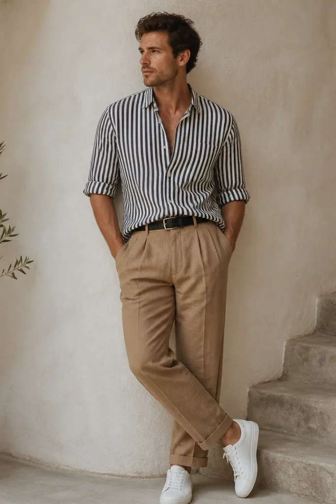 Camel linen pants paired with a black-and-white striped short-sleeve shirt, sleeves rolled, and white sneakers. Belt is black; shirt is half-tucked to show the waist.