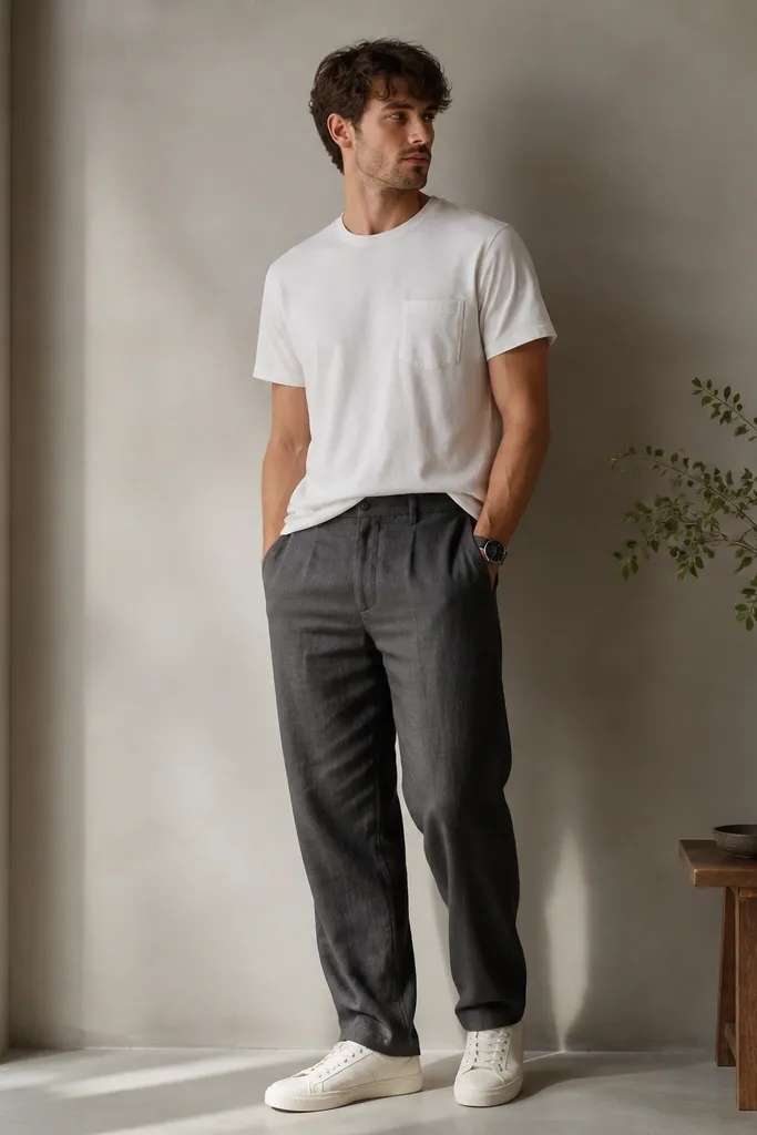 Charcoal gray linen pants with a white crew tee featuring a small chest pocket, worn half-tucked, and canvas sneakers in off-white. A simple black watch is visible.