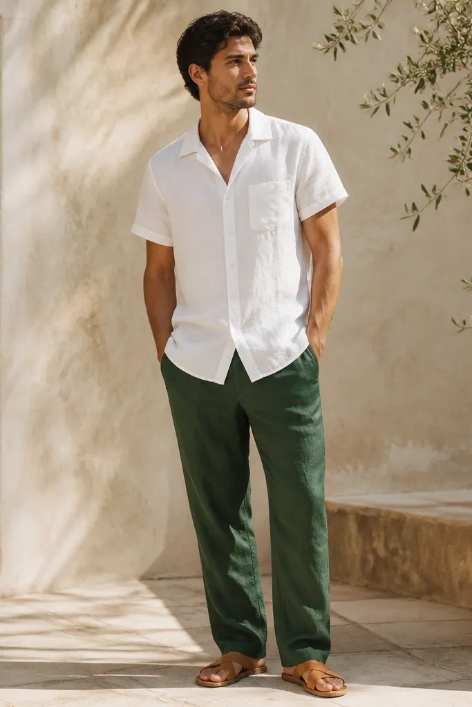 Forest green linen pants paired with a white short-sleeve shirt with a relaxed collar, worn untucked, and tan leather sandals. Shirt hem is slightly longer; pants have natural wrinkles.