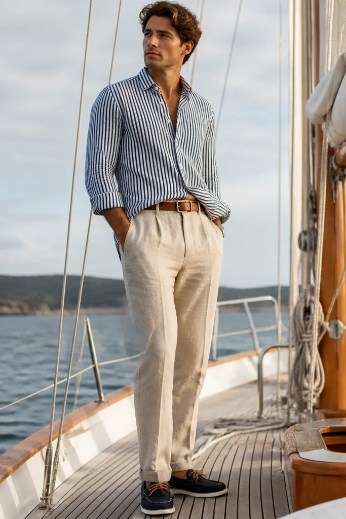 Tan linen pants paired with navy boat shoes, worn with a navy-and-white striped button-down shirt. Shirt is half-tucked; belt is tan leather; pants show a relaxed drape.