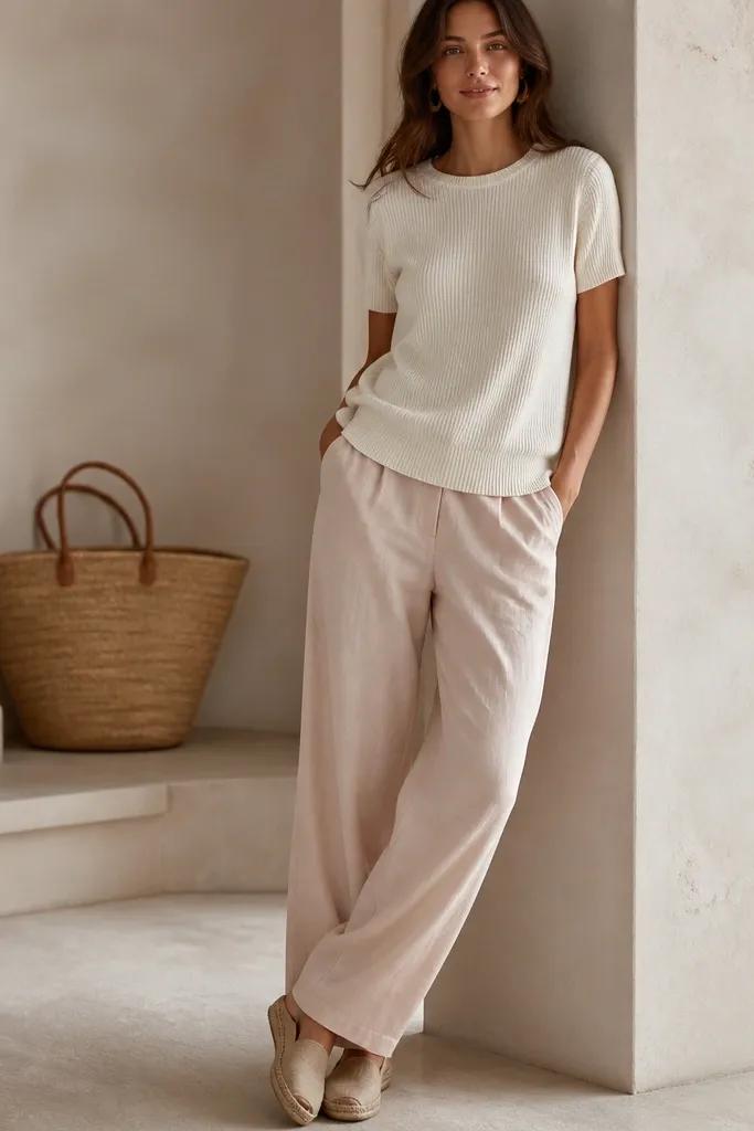 Nude blush linen pants paired with an off-white knit tee, worn untucked, and tan espadrilles. Outfit is styled with a straw tote in the background; pants show soft creases.