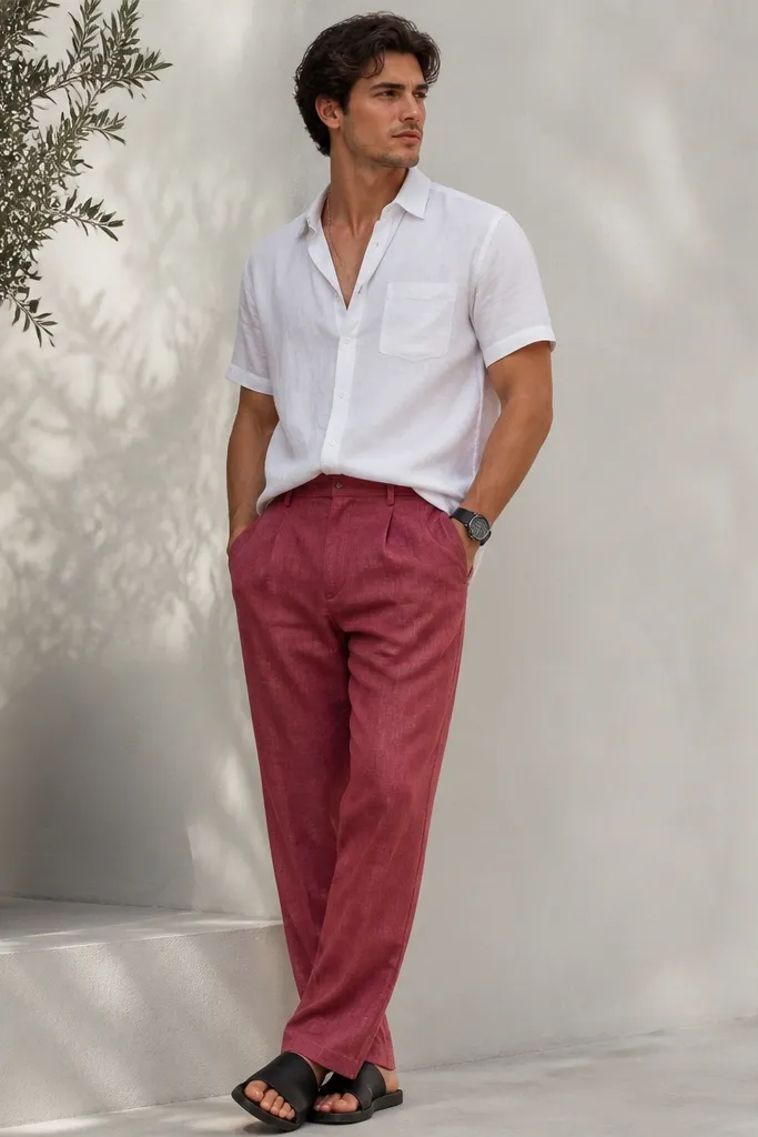 Raspberry red linen pants paired with a white short-sleeve button-up, worn half-tucked, and black leather slides. A black watch and thin chain are visible; pants show natural folding.