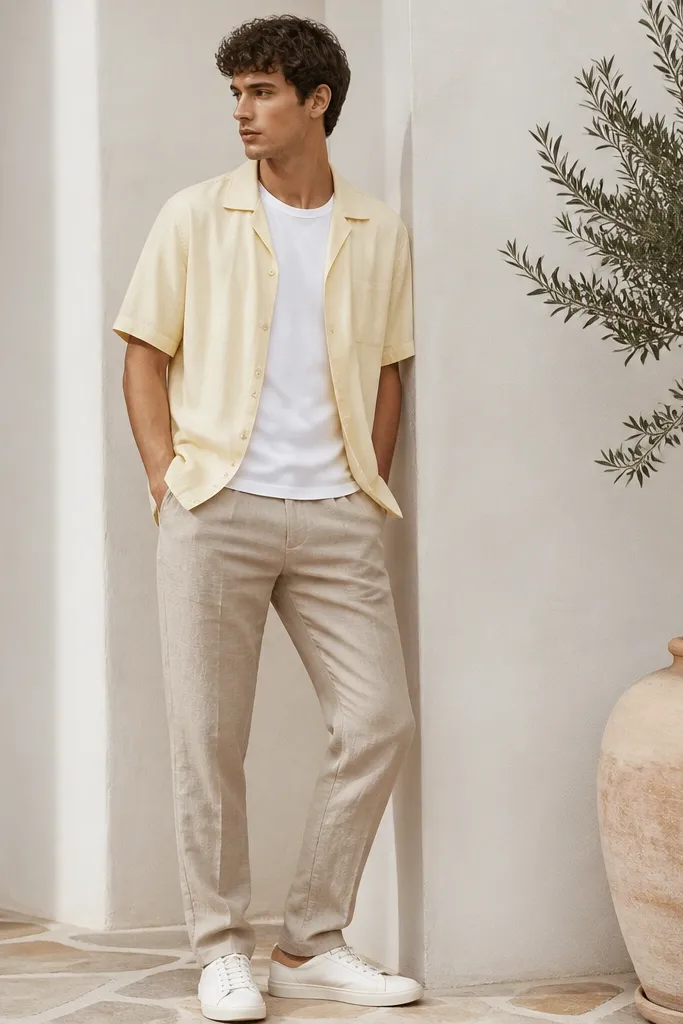 Khaki linen pants paired with a pale yellow camp collar shirt, worn open over a plain white tee, and white sneakers. Shirt is slightly loose; pants show linen texture at the thighs.