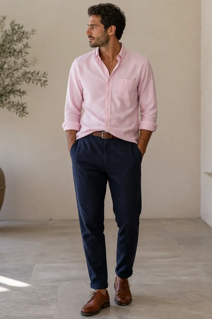 Midnight navy linen pants with a light pink oxford button-down shirt, sleeves rolled, worn half-tucked, and brown leather derby shoes. Belt matches derbies; pants show natural wrinkles.