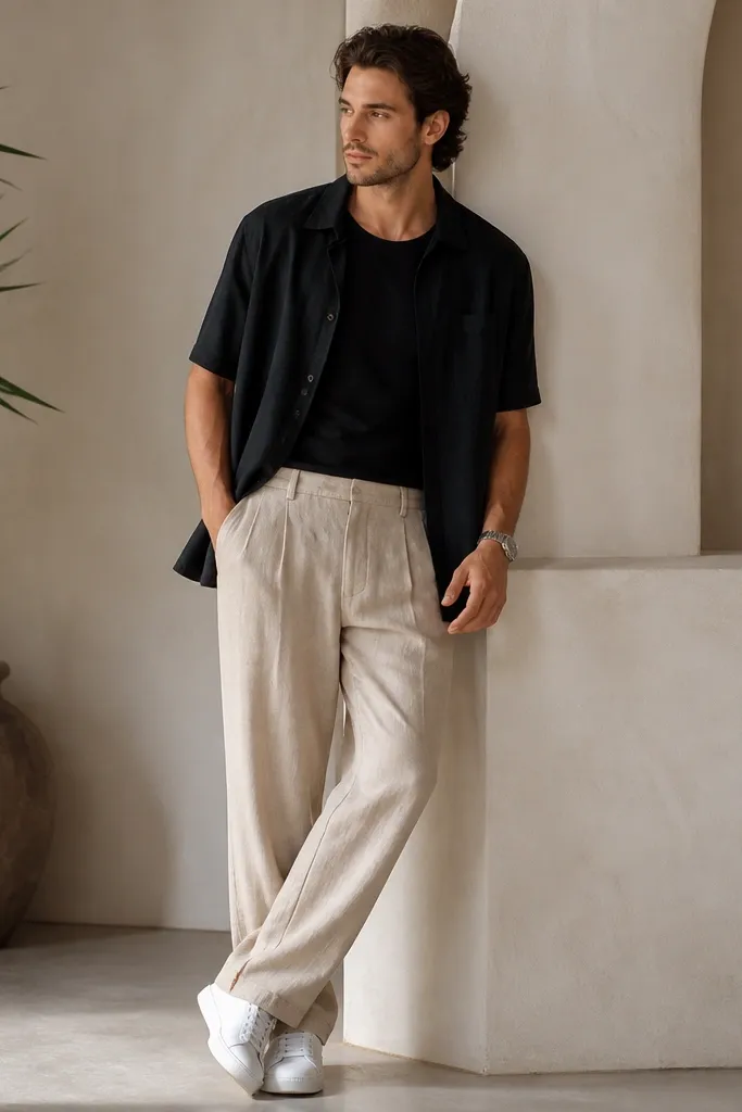 Sand linen pants paired with a black camp collar shirt worn open over a black tee, and white sneakers. A silver watch is visible; pants have relaxed linen folds.