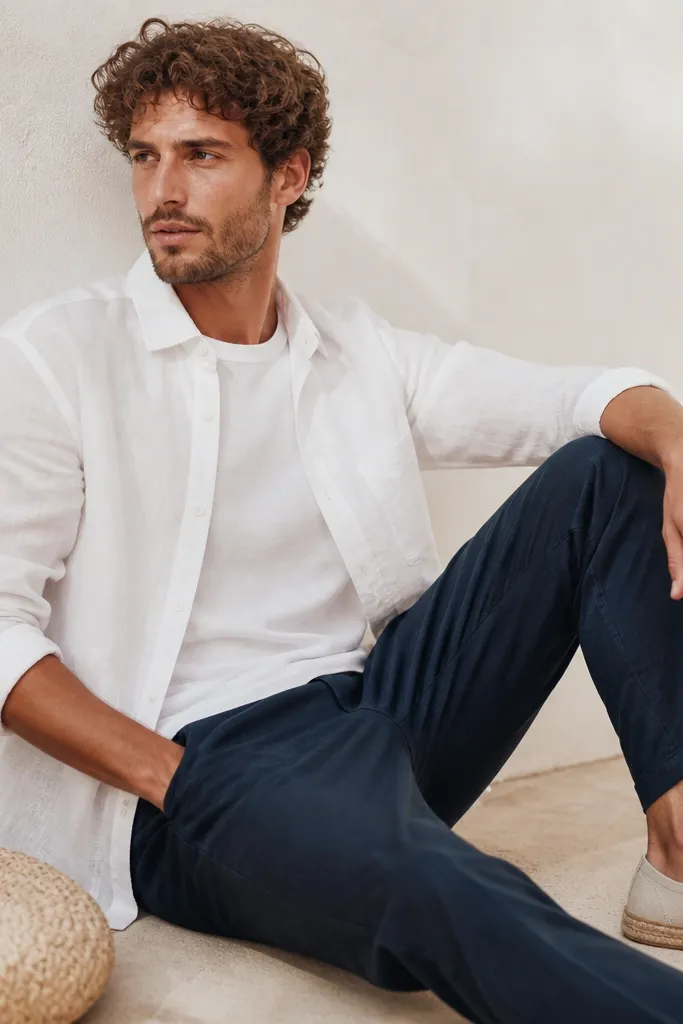 Navy linen pants with a white linen-cotton overshirt worn over a white tee, sleeves rolled, and espadrille-style sneakers with canvas uppers. A straw tote handle appears in the corner.